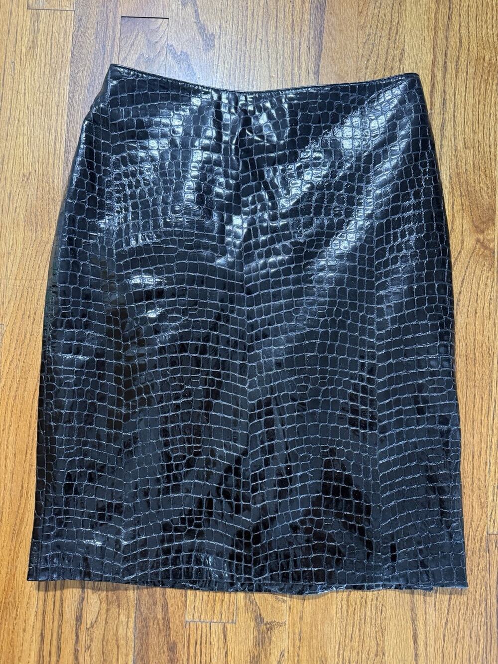 Vintage Margaret Godfrey Black Croc-Embossed Leather Skirt Size 8 C18